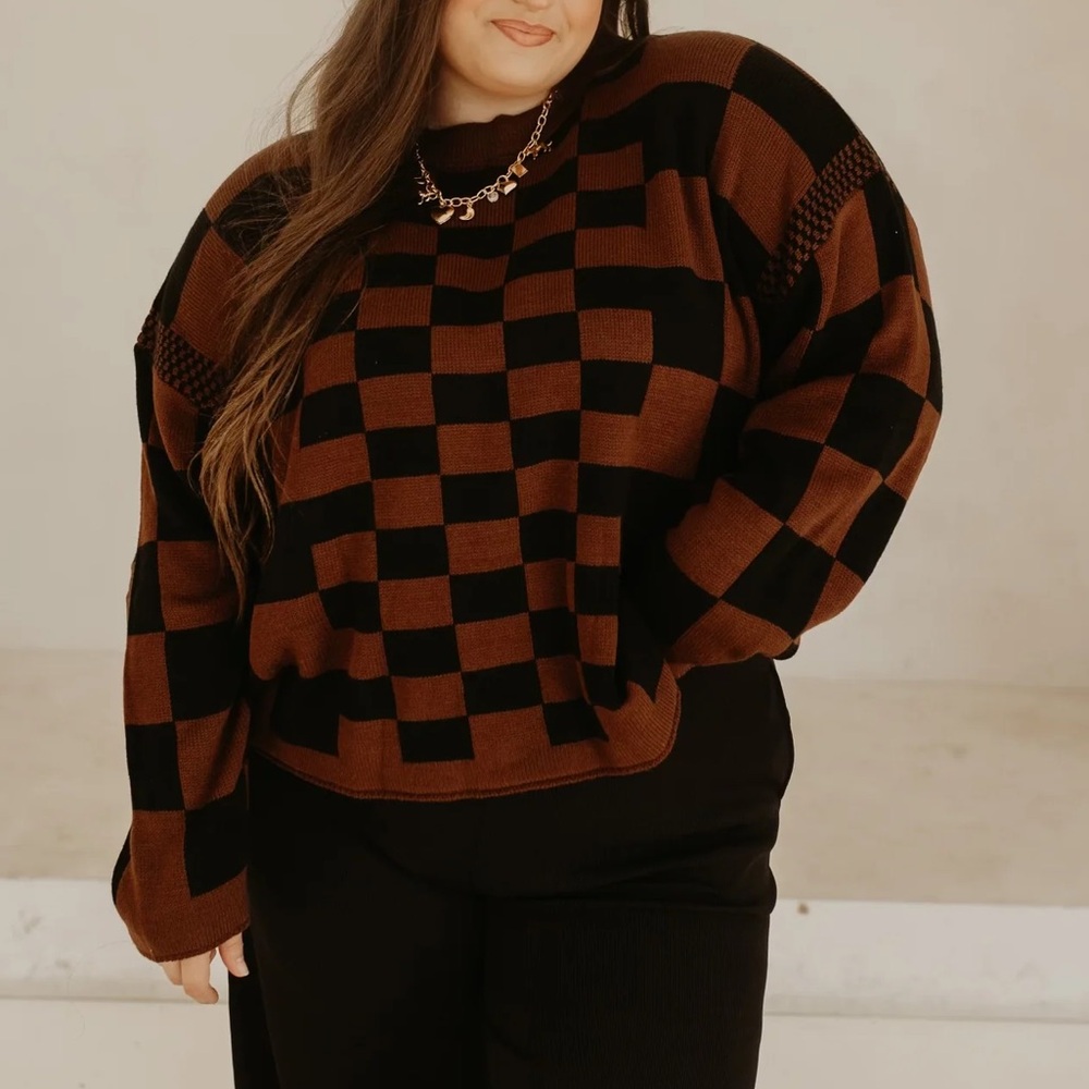 Bourbon and Belles Checkered Black and Brown Sweater